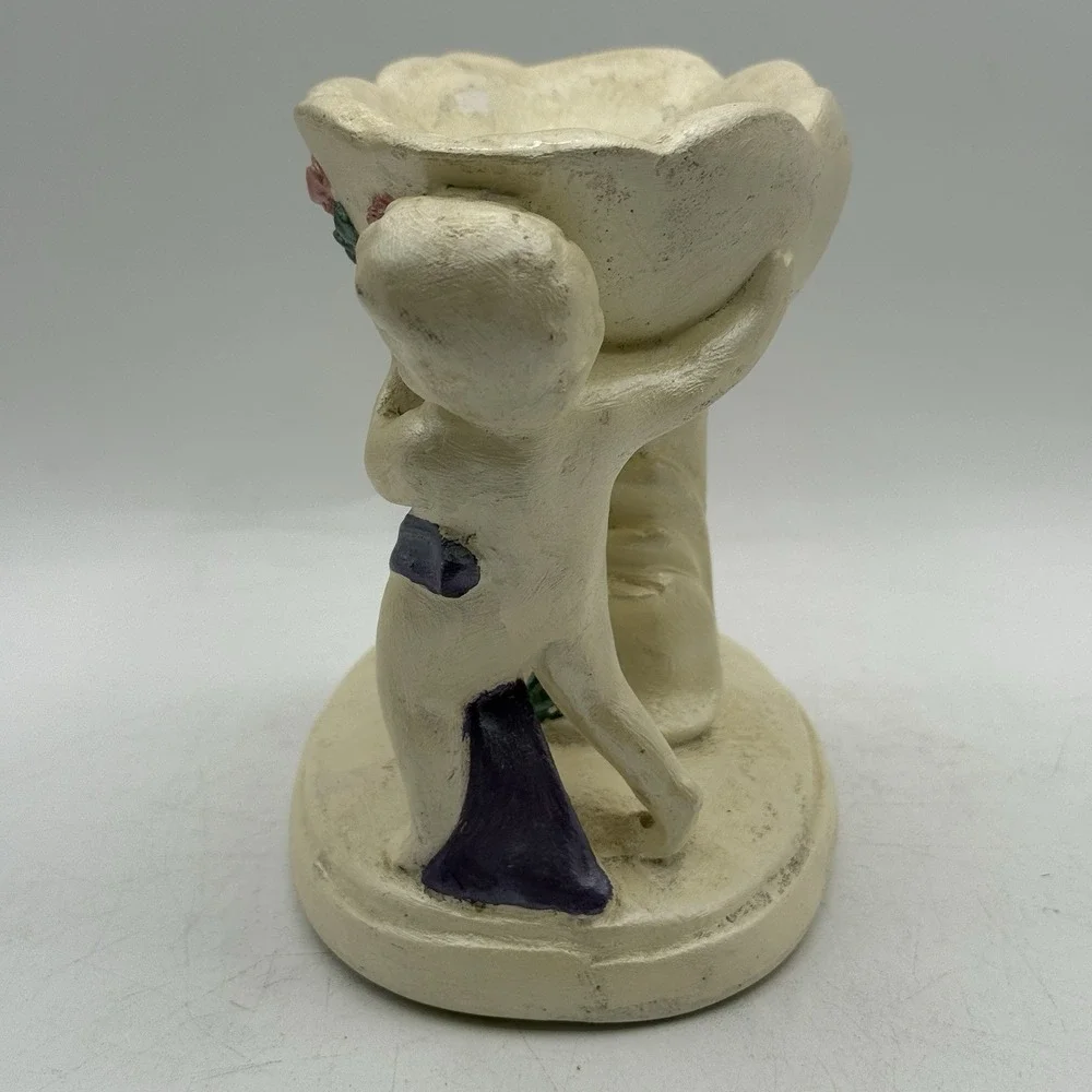 Vintage Plaster Chalkware Cherub Angel‎ Soap Dish Jewelry Trinket Pedestal Bowl